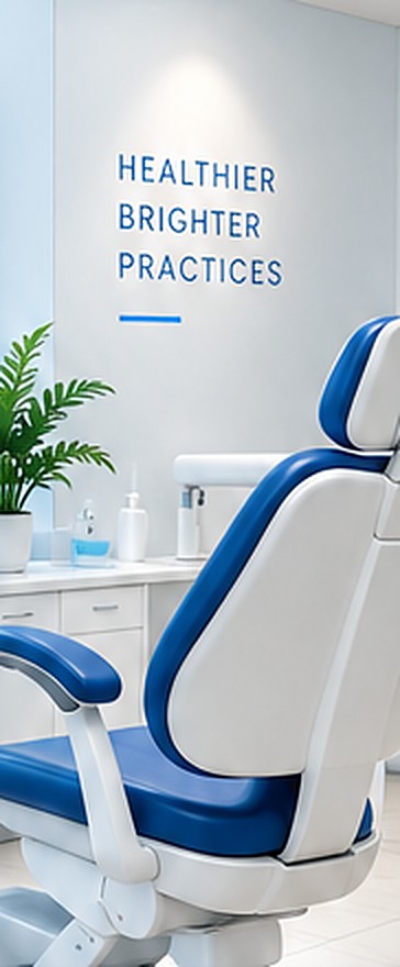 Modern dental operatory with a blue dental chair and the words Healthier Brighter Practices on the wall